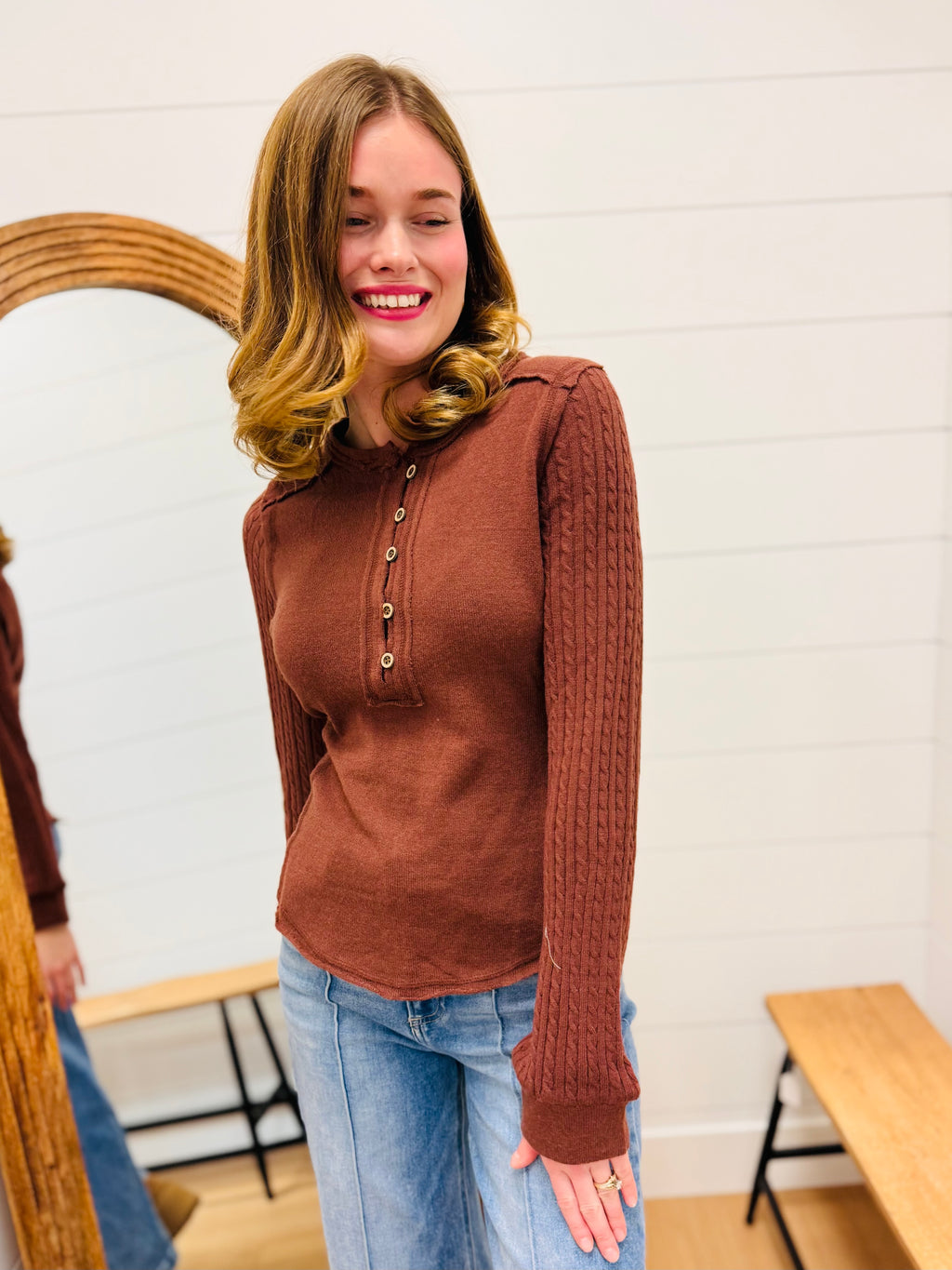 Button Down Top with Contrast Sleeve Stitching