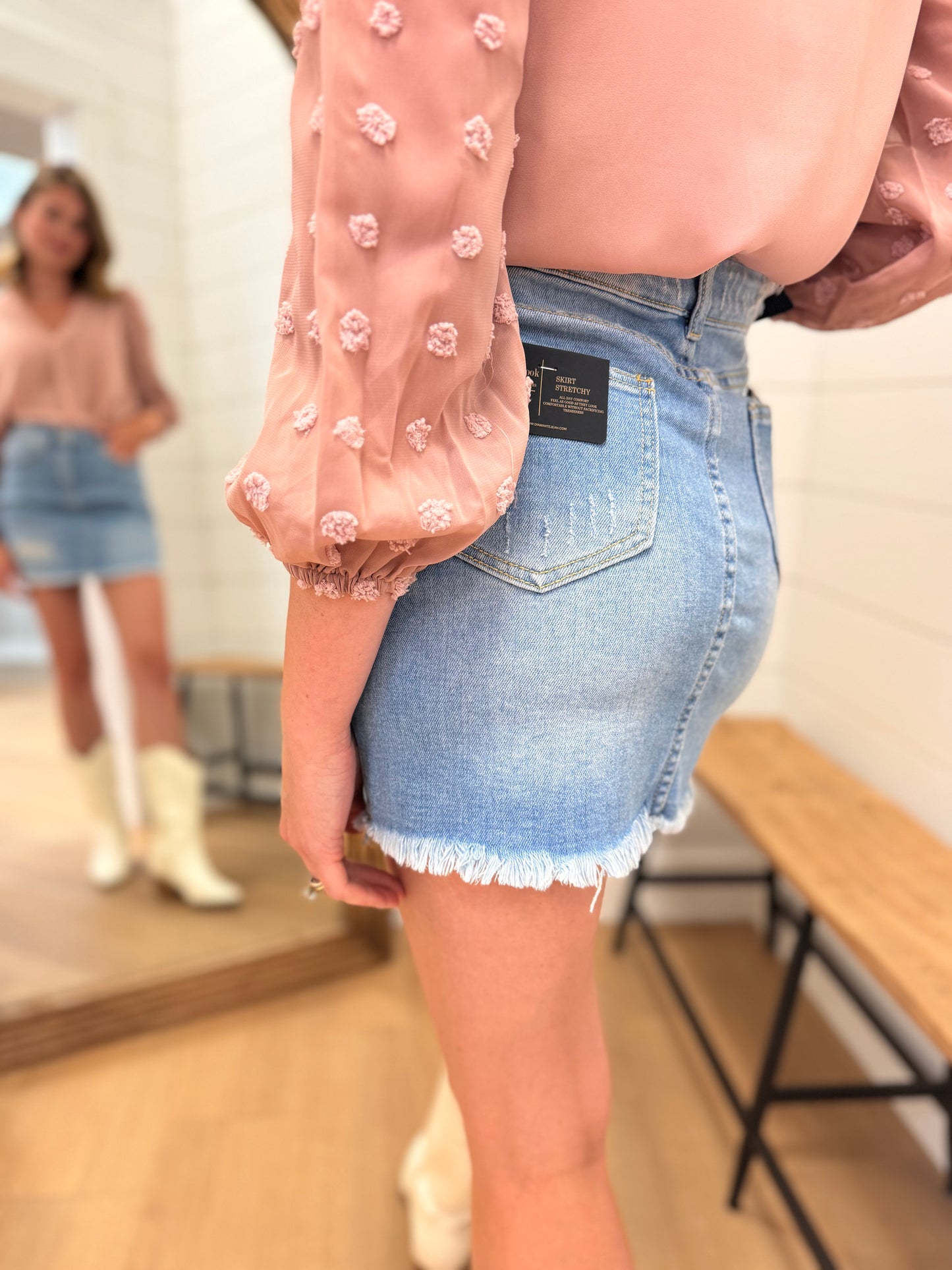 Light Wash Mini Skirt with Undone Hem