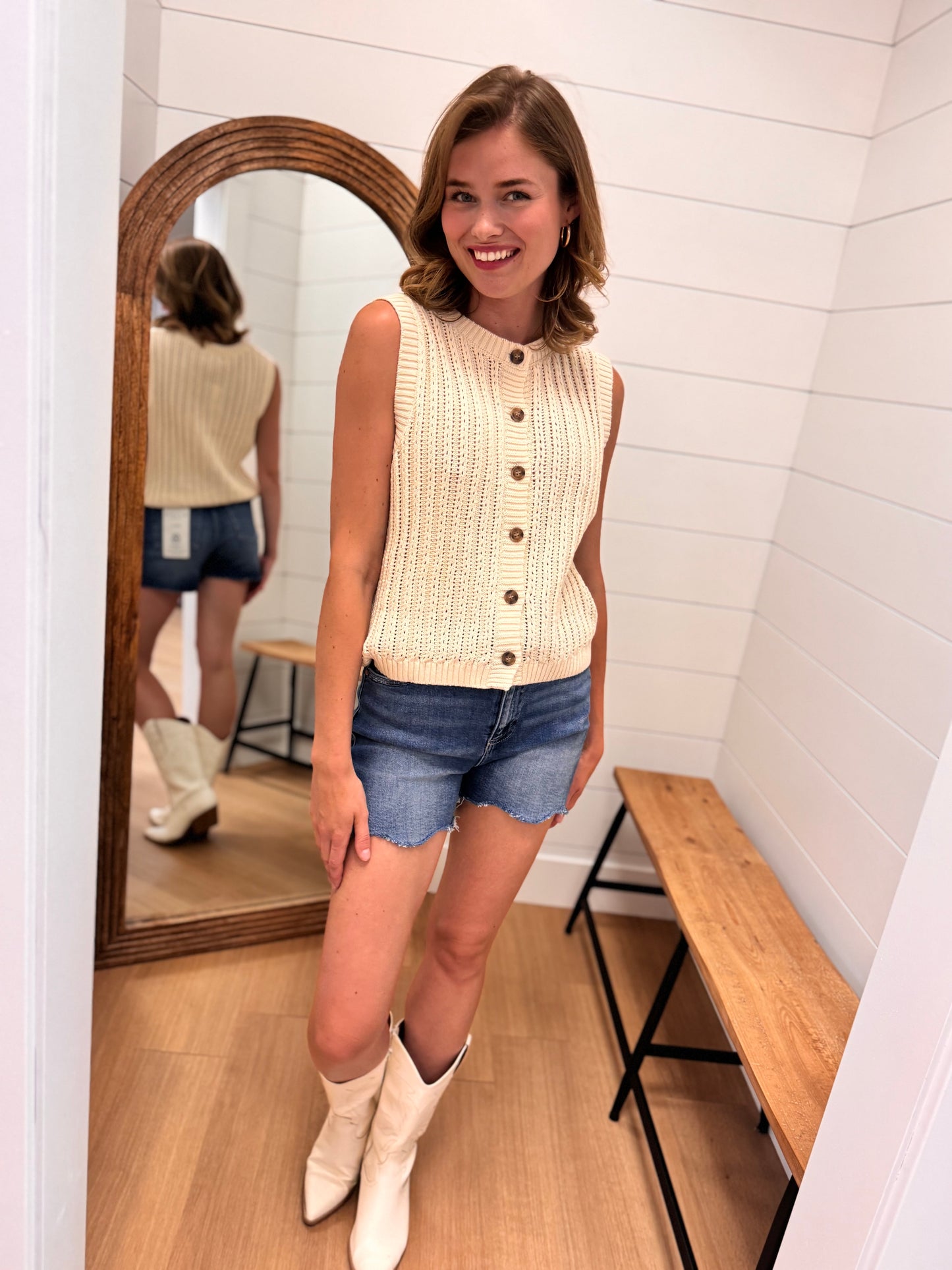 Crew Neck Button Down Cardigan Tank Top
