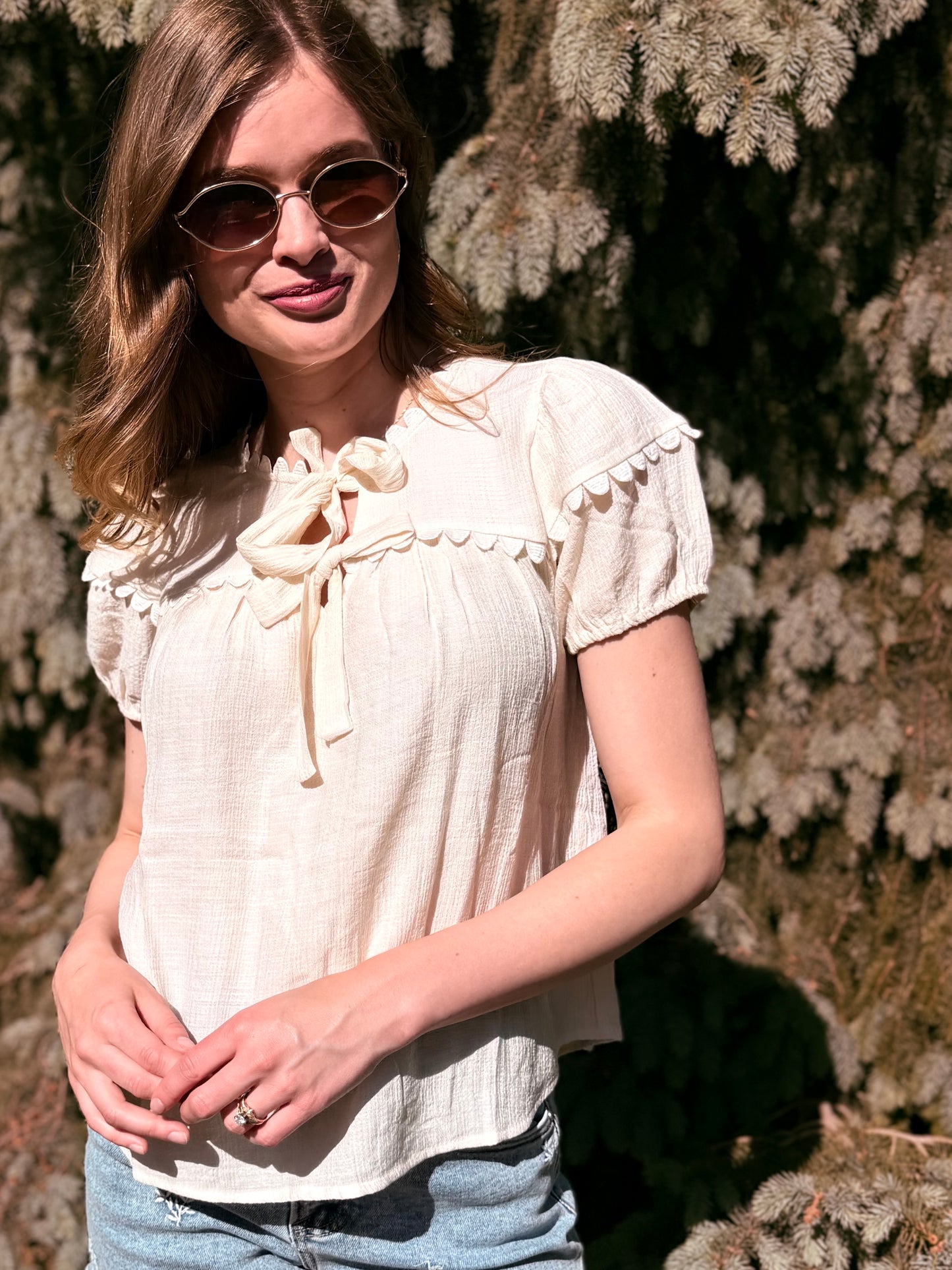 Scallop Trim Front Tie Detail Puff Sleeve Top
