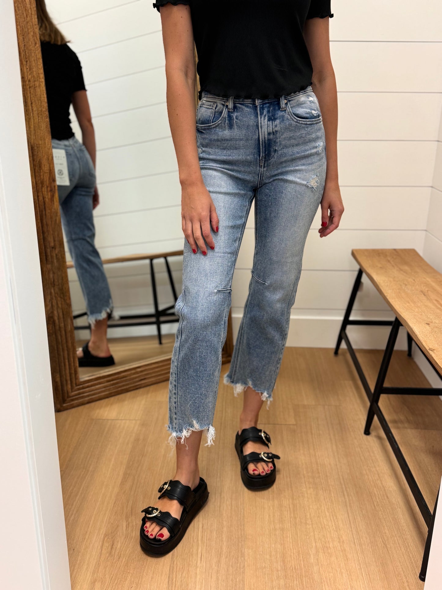 High Rise Straight Distressed Hem Jeans - Risen