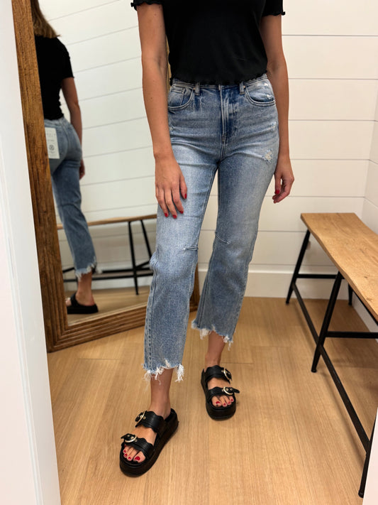 High Rise Straight Distressed Hem Jeans - Risen
