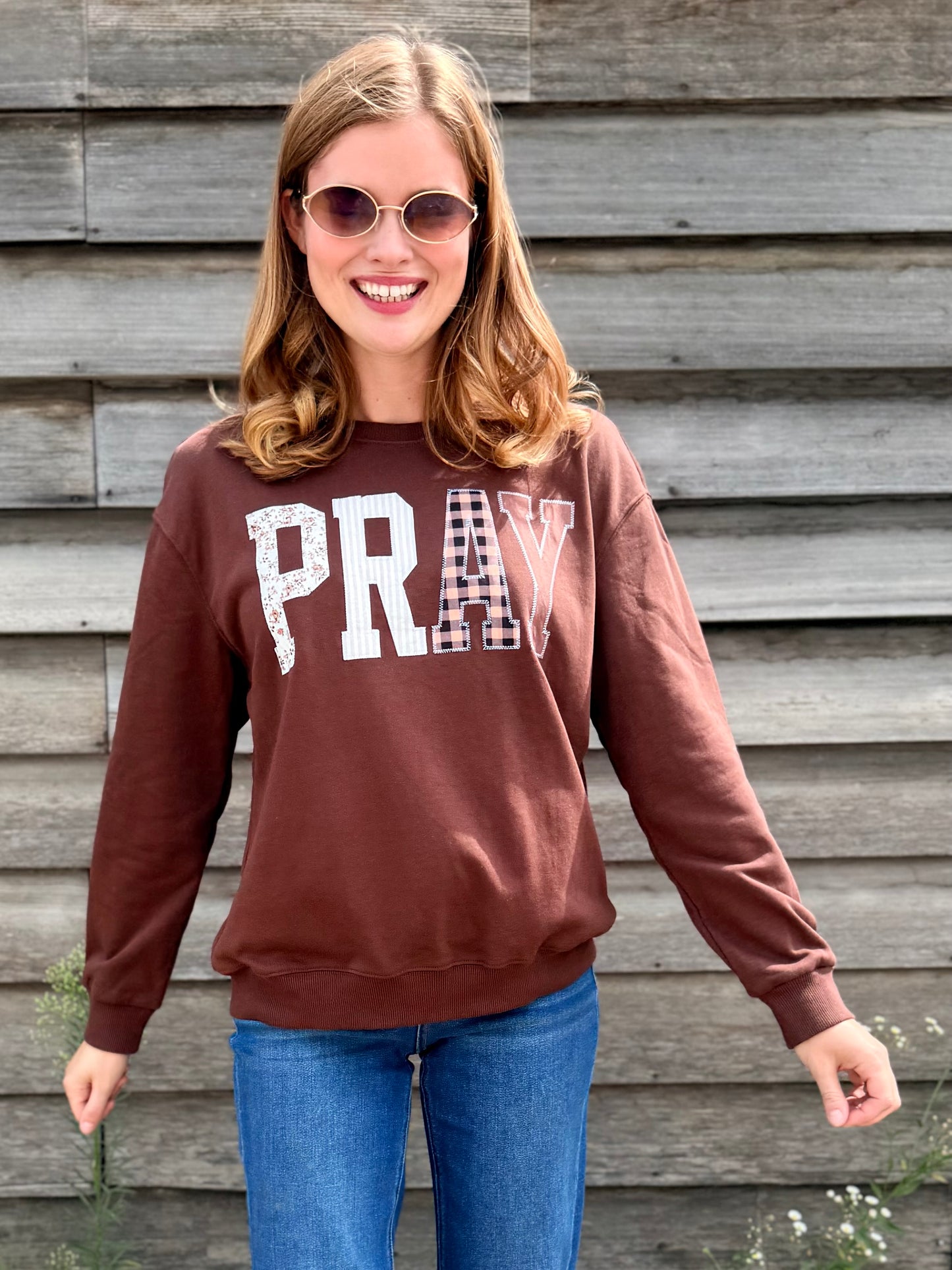 Pray Floral Stripe Gingham Embroidered Patch Sweatshirt