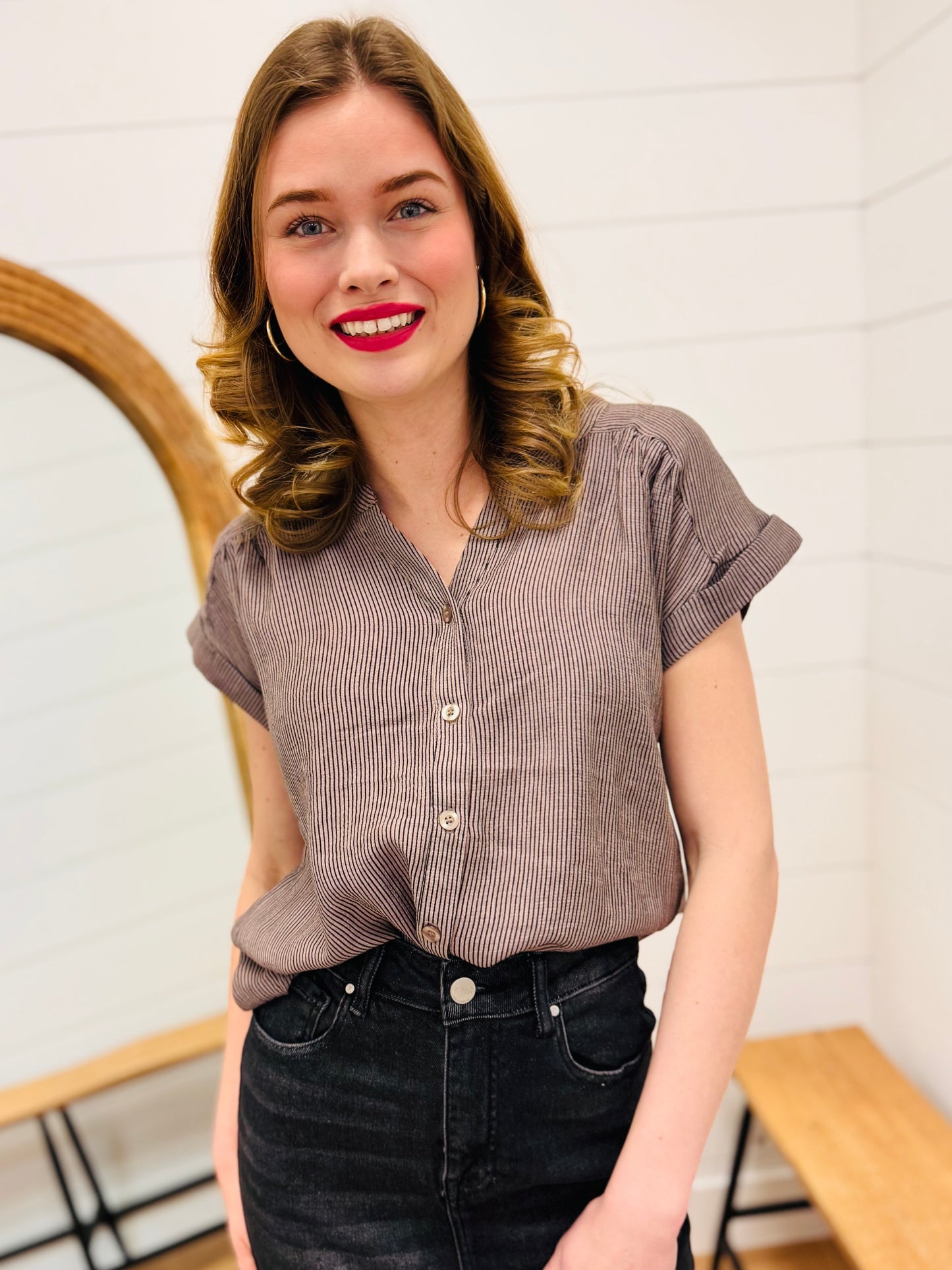 Pinstripe Short Cuff Sleeve Button Down Shirt