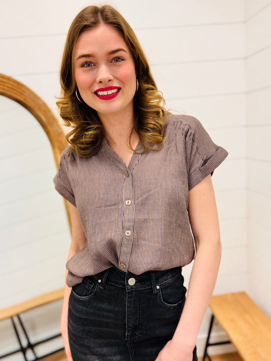 Pinstripe Short Cuff Sleeve Button Down Shirt