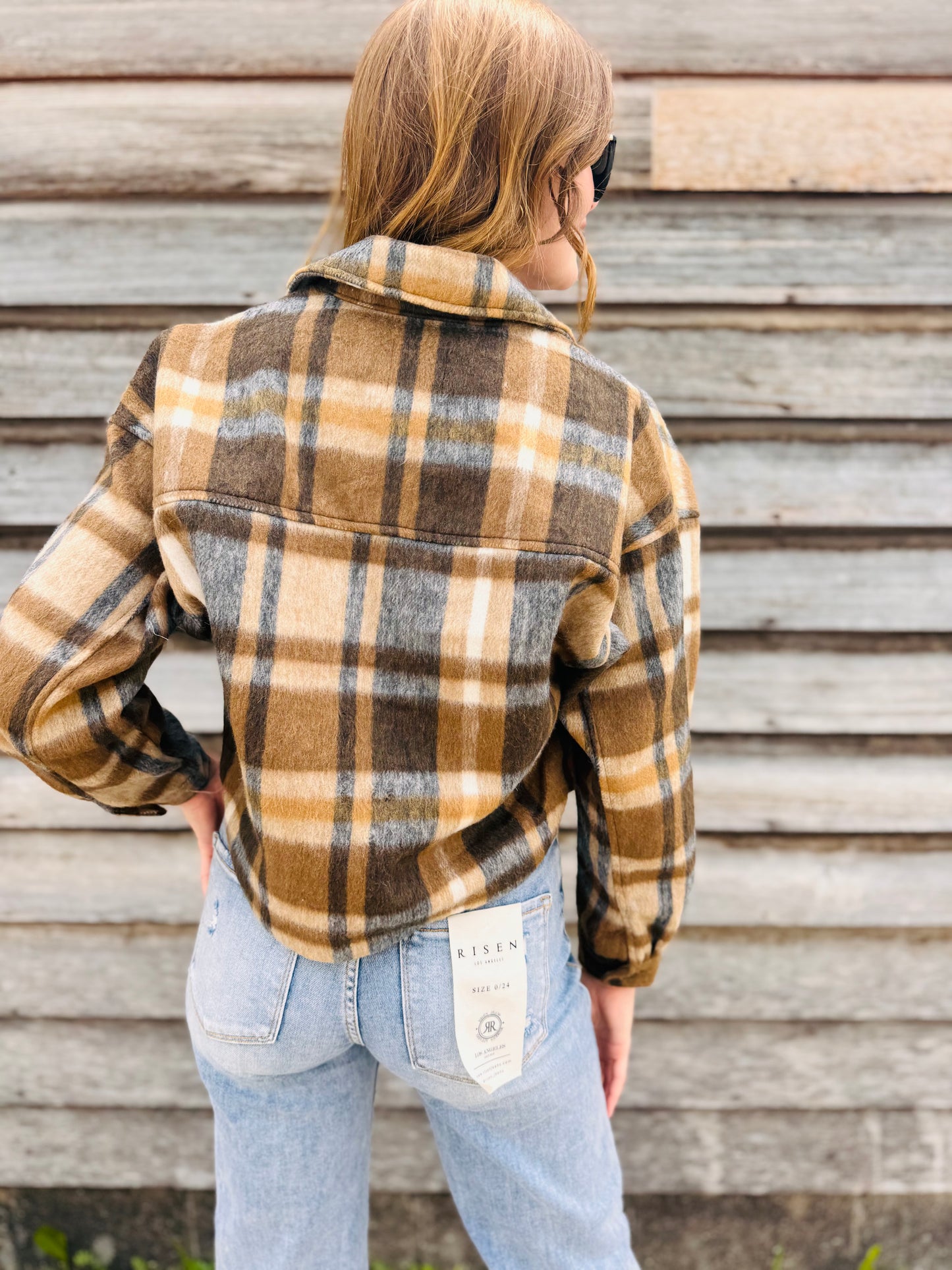 Button-down Short Plaid Shacket - Brown