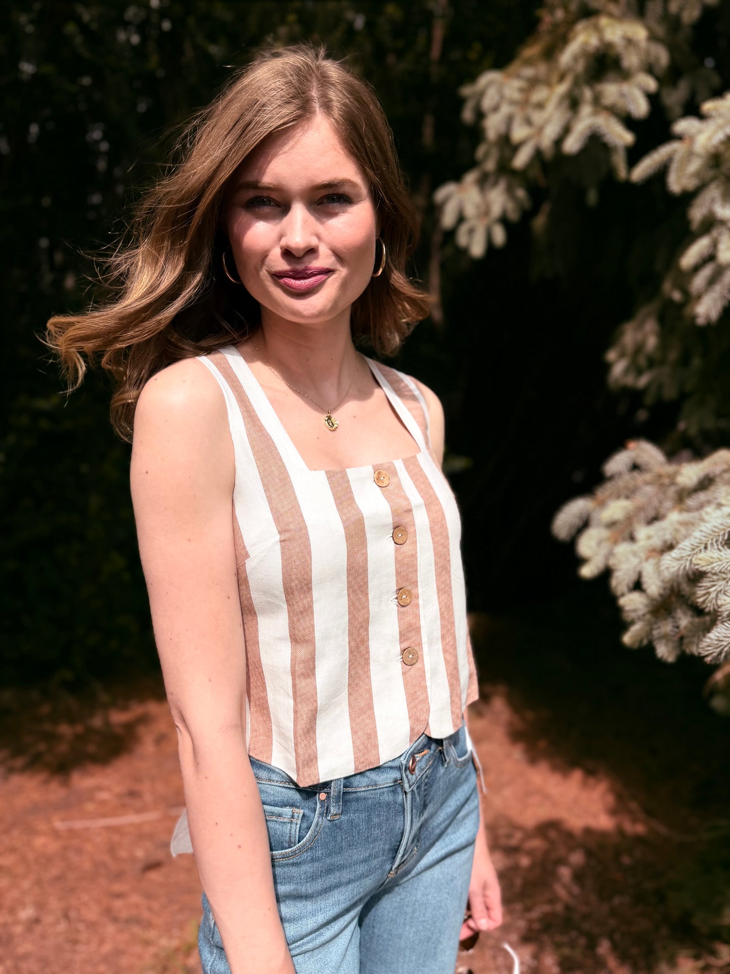 Stripe Button Down Sleeveless Linen Top