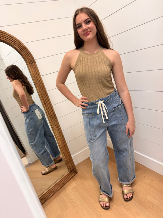 High Rise Barrel Jeans with Tie Waist - Risen