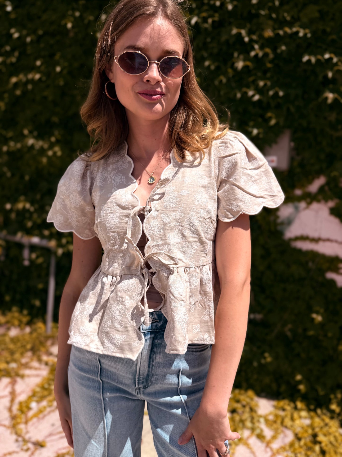 Floral Embroidery Front Tie Scalloped Peplum Top - Khaki