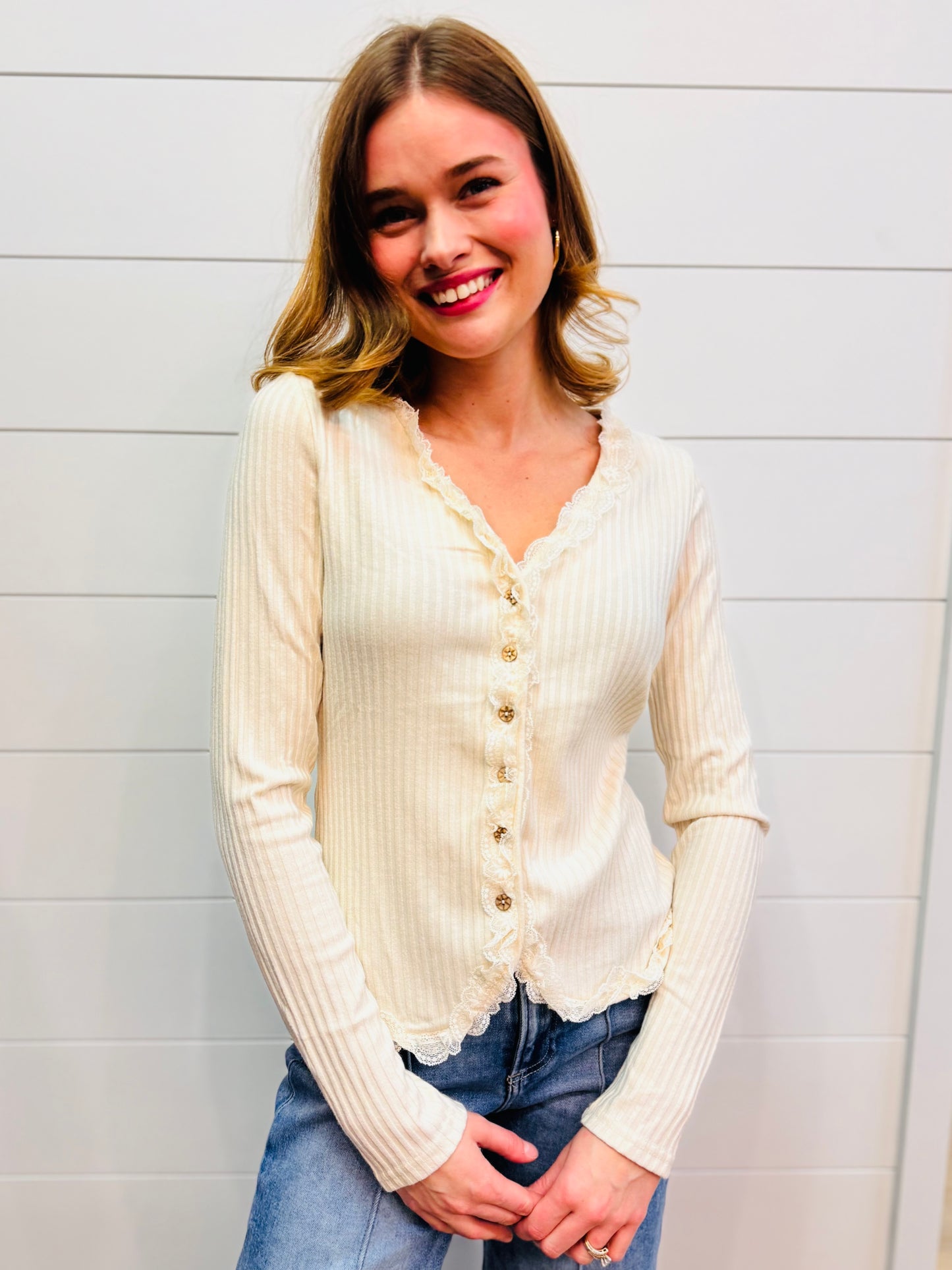 Button Down Lace Trim Fitted Knit Top