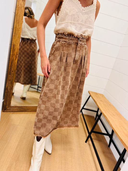 Brown Check Midi Skirt with Elastic Waist