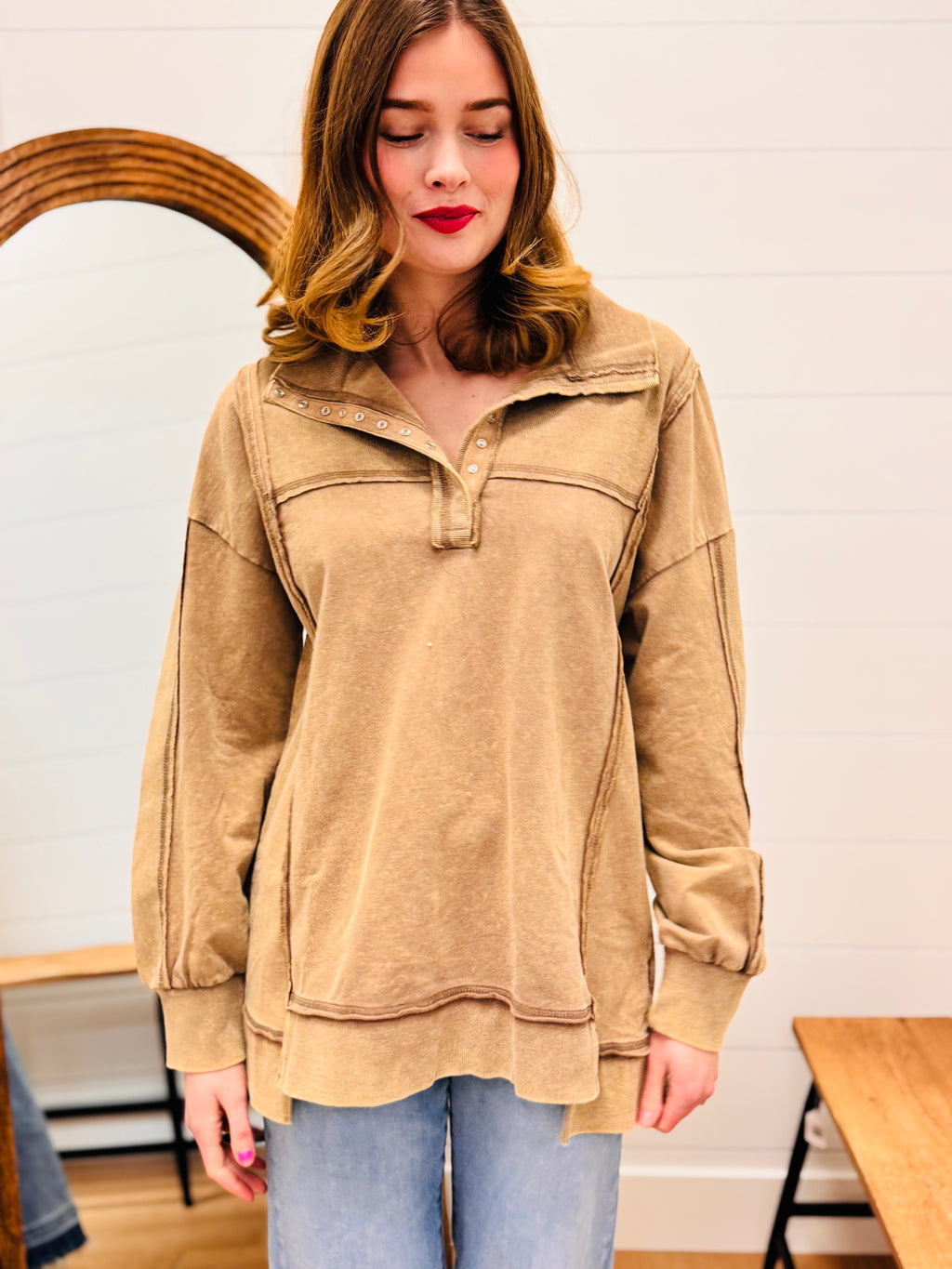 Half Button Down Pullover - Mocha