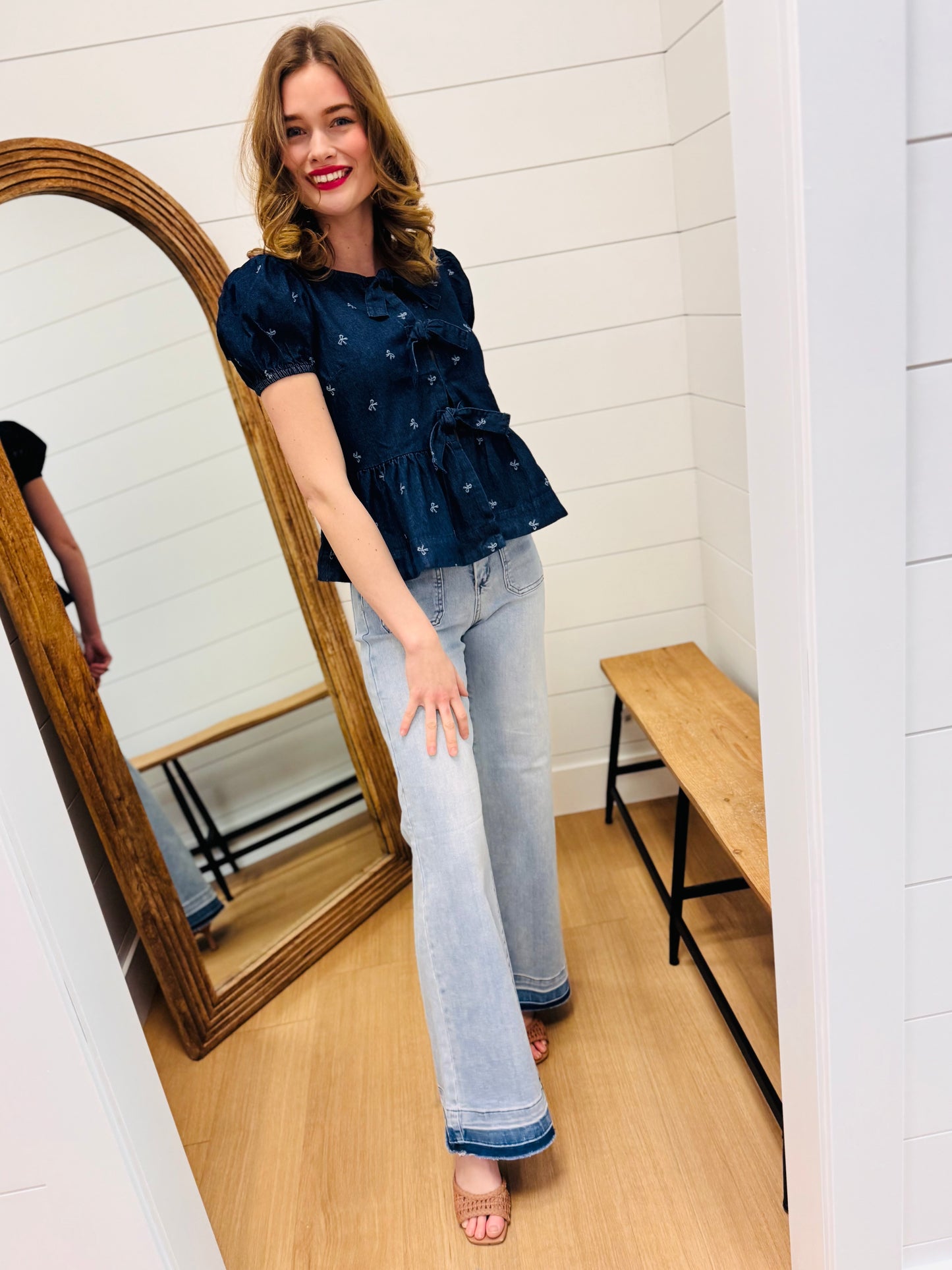 Denim Bow Print Puff + Ties Ruffle Hem Top