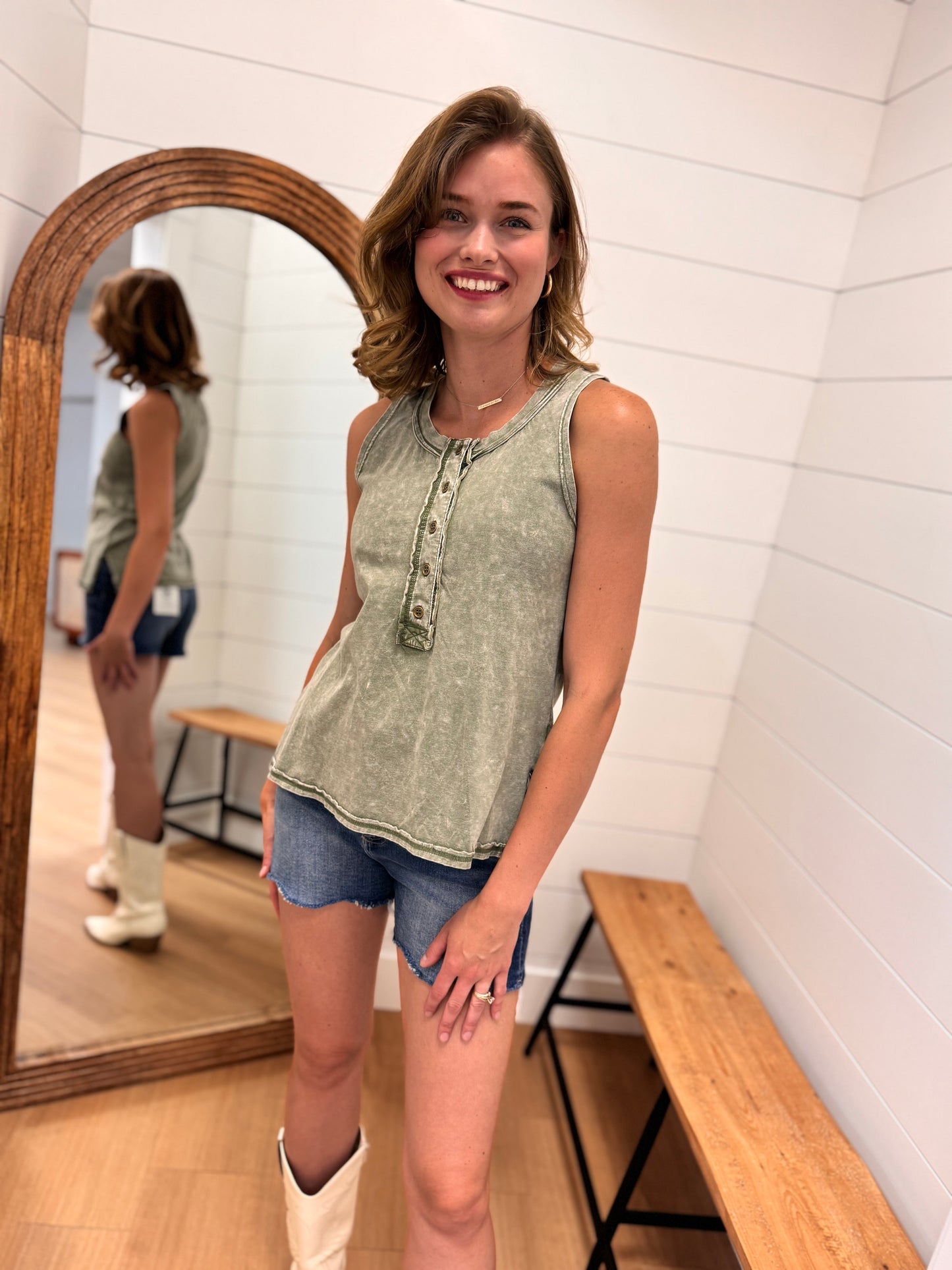 Washed Look Olive Tank Top