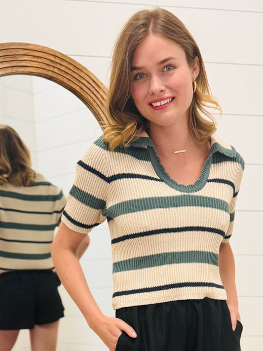 Short Sleeve Striped Crop Top Sweater