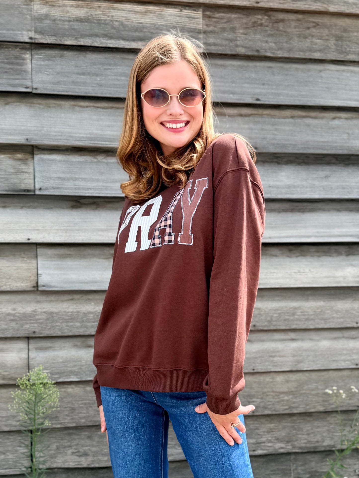 Pray Floral Stripe Gingham Embroidered Patch Sweatshirt