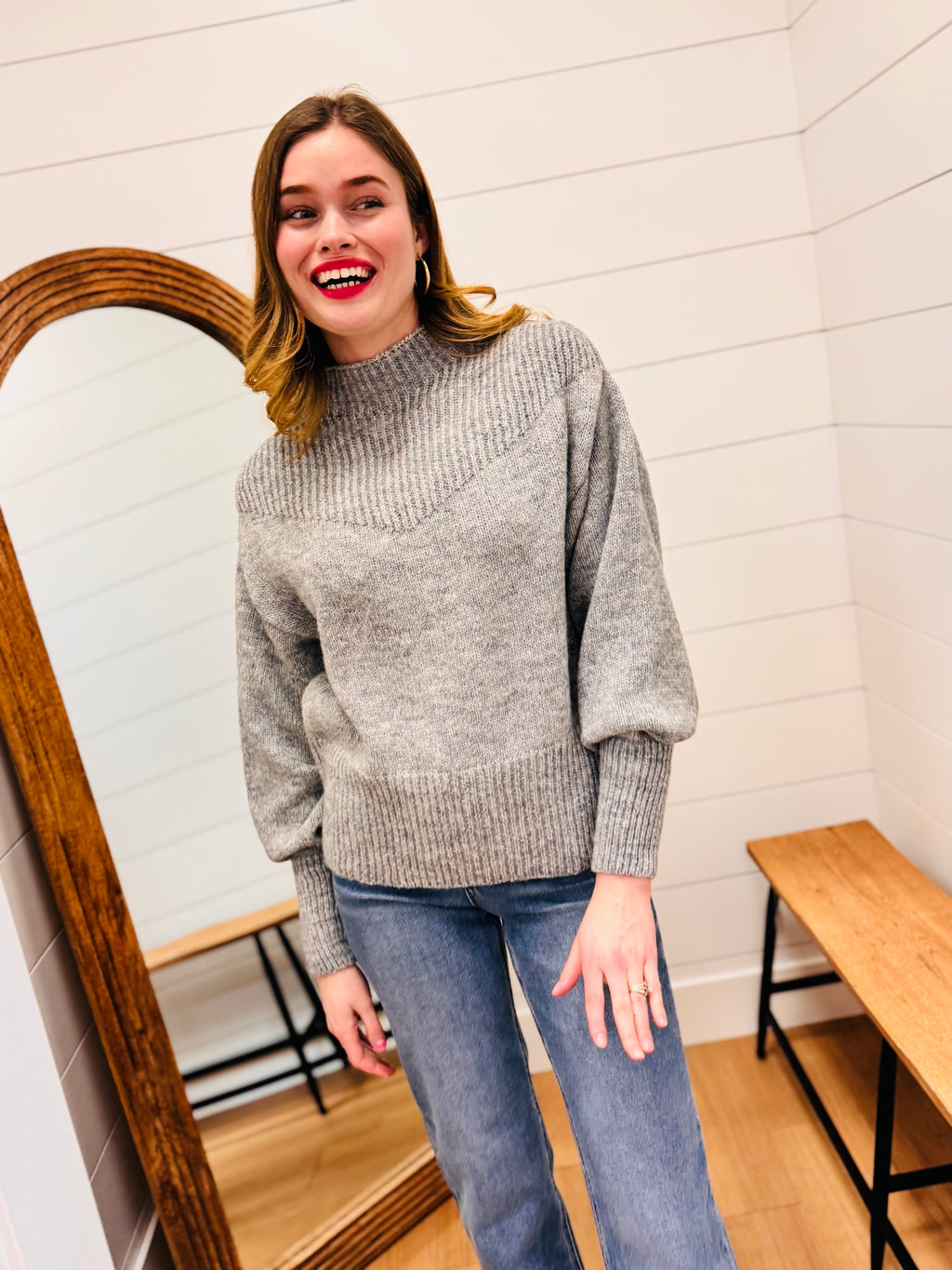 Balloon Sleeve Mock Neck Sweater