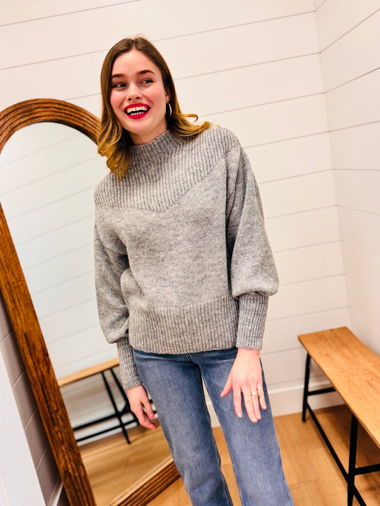 Balloon Sleeve Mock Neck Sweater