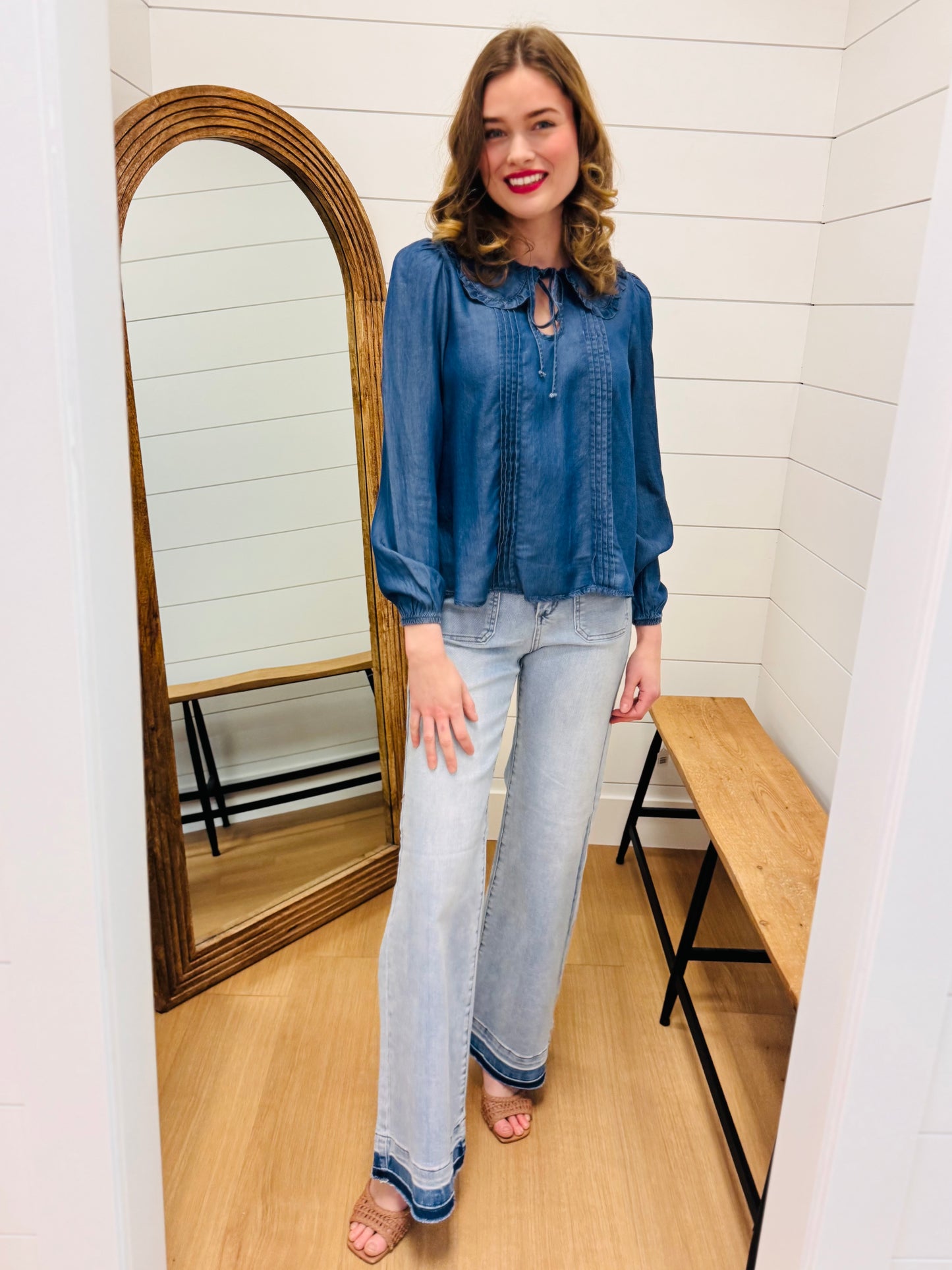 Denim Collared Pintuck Detail Long Sleeve Top