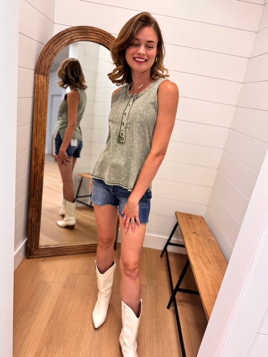Washed Look Olive Tank Top