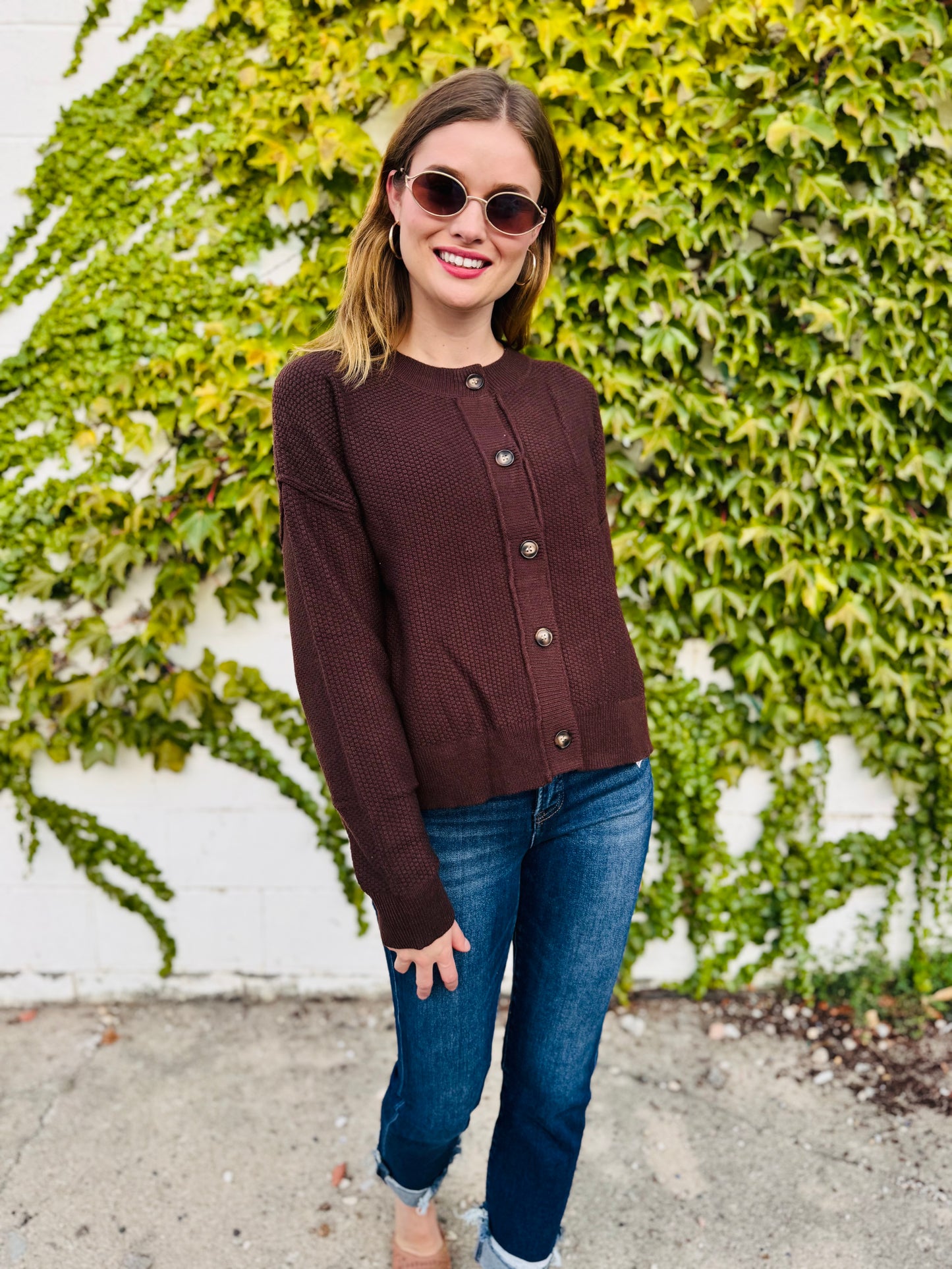 Ribbed Trim Button Down Knit Cardigan