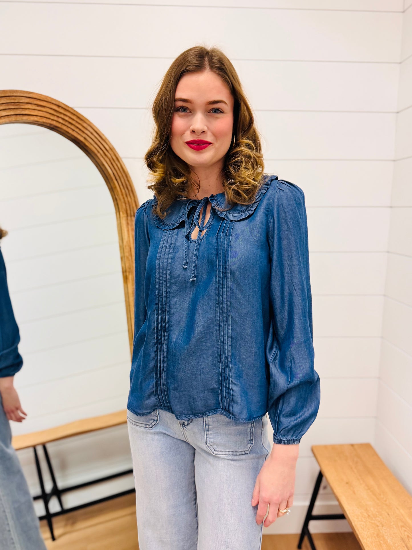 Denim Collared Pintuck Detail Long Sleeve Top