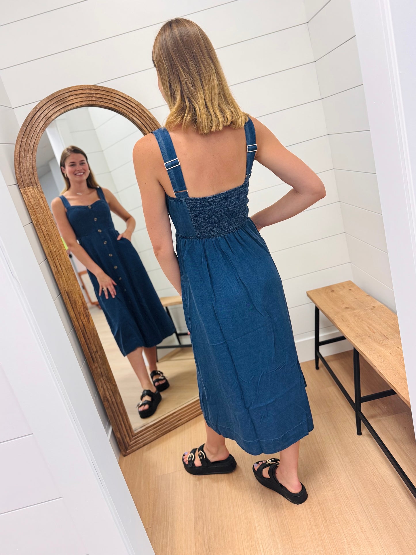 Dark Chambray Midi Dress with Sweetheart Neckline