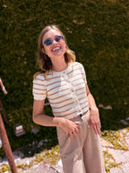 Striped Short Sleeve Cardigan With Scallop Edge