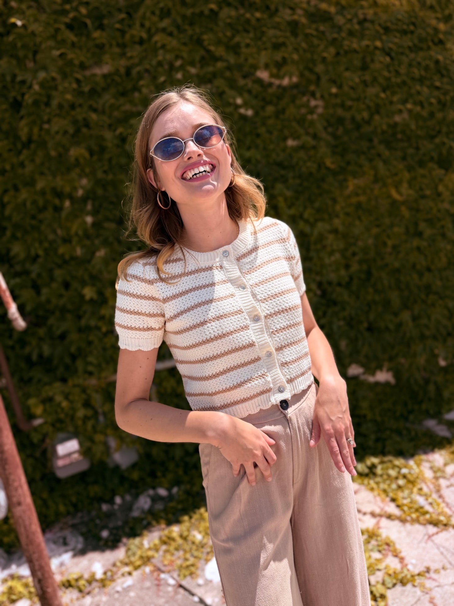 Striped Short Sleeve Cardigan With Scallop Edge