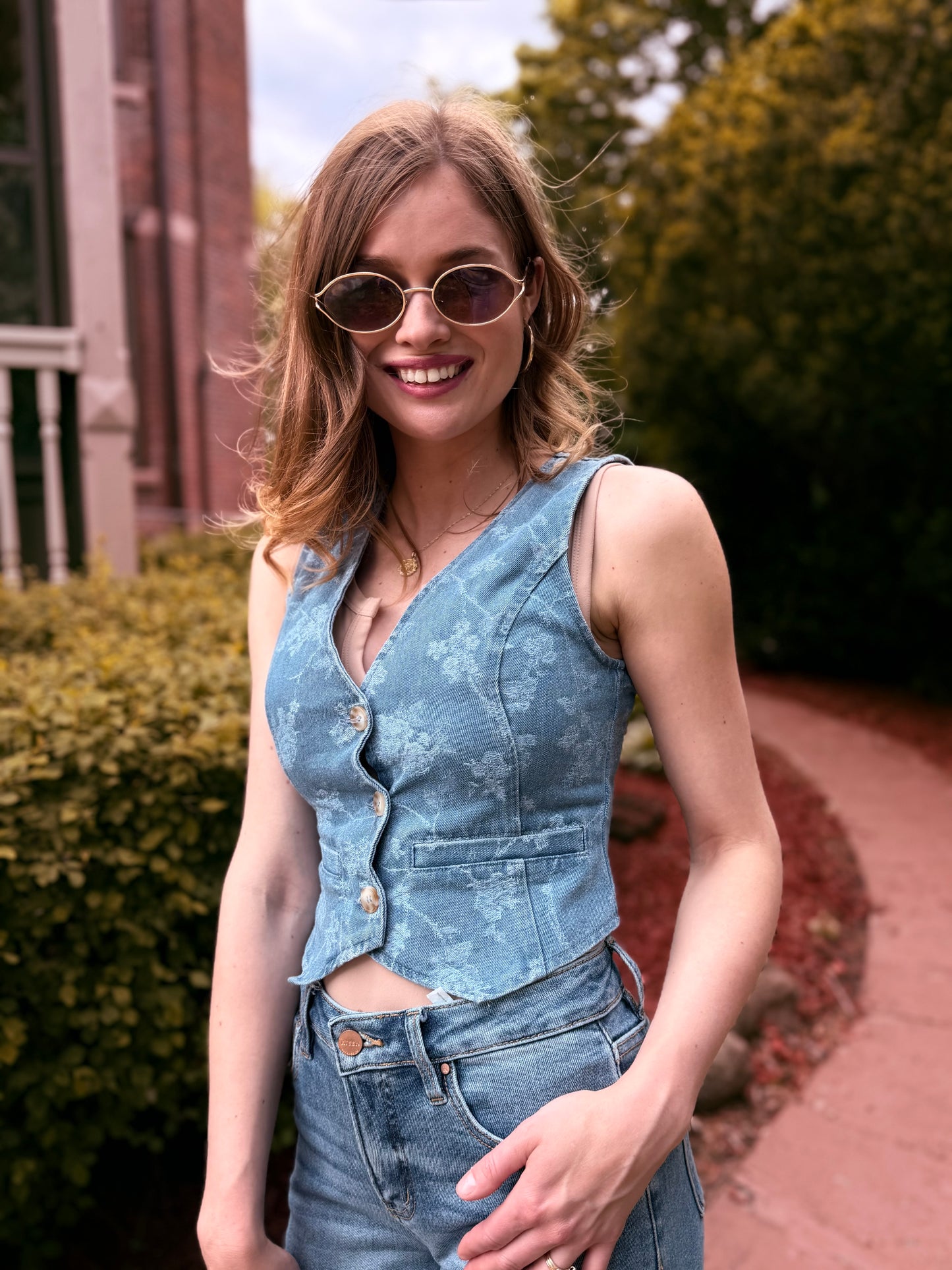 Floral Jacquard Button Down Denim Vest