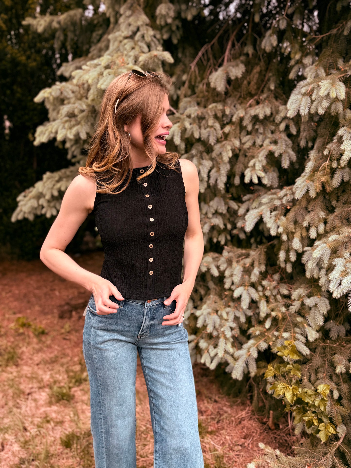 Textured Button Sleeveless Top