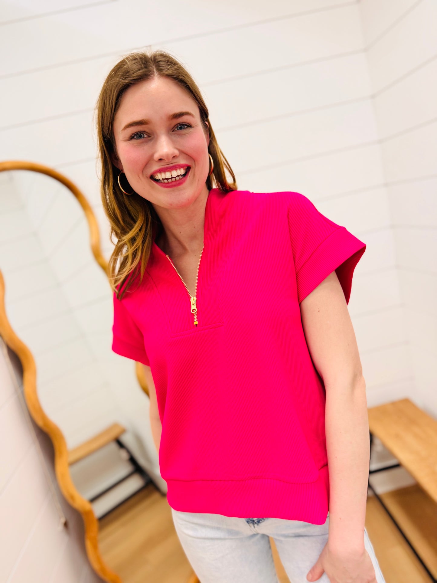 Half Zip Short Sleeve Top - Hot Pink