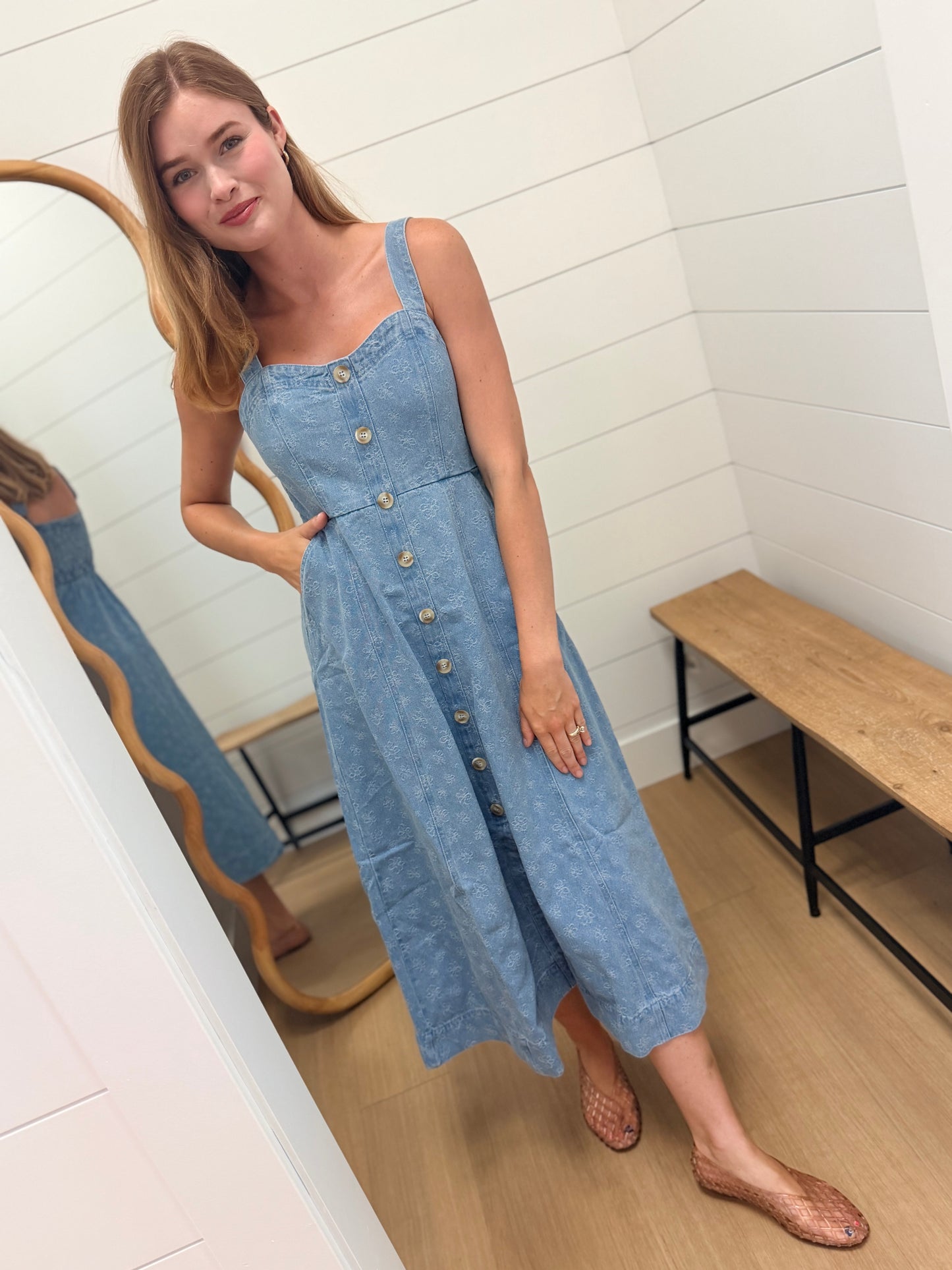 Floral Denim Jacquard Sweetheart Midi Dress