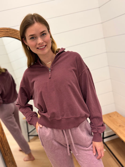 Vintage Washed Half Zip Pullover - Eggplant