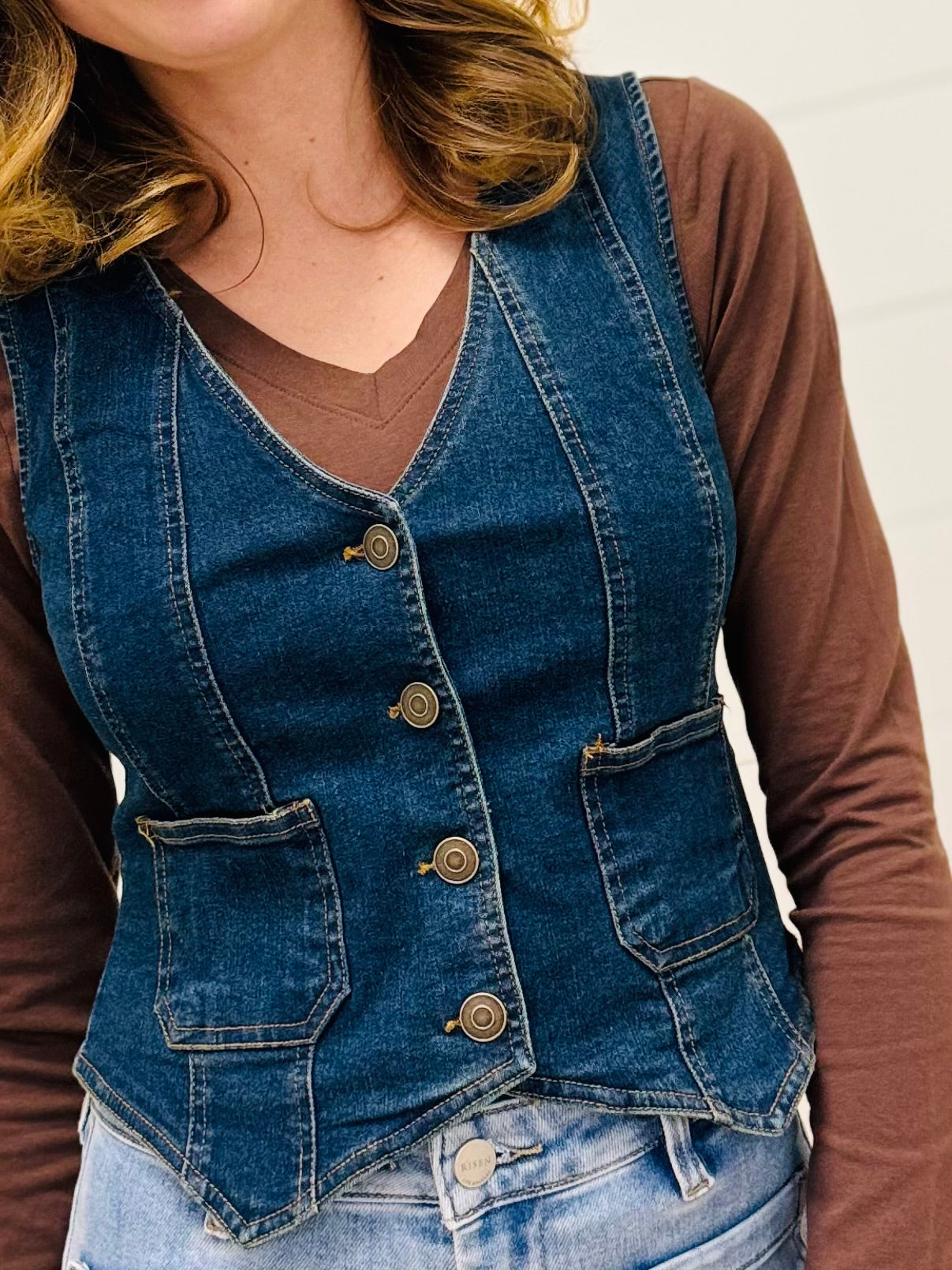 V Neck Sleeveless Button Down Denim Vest