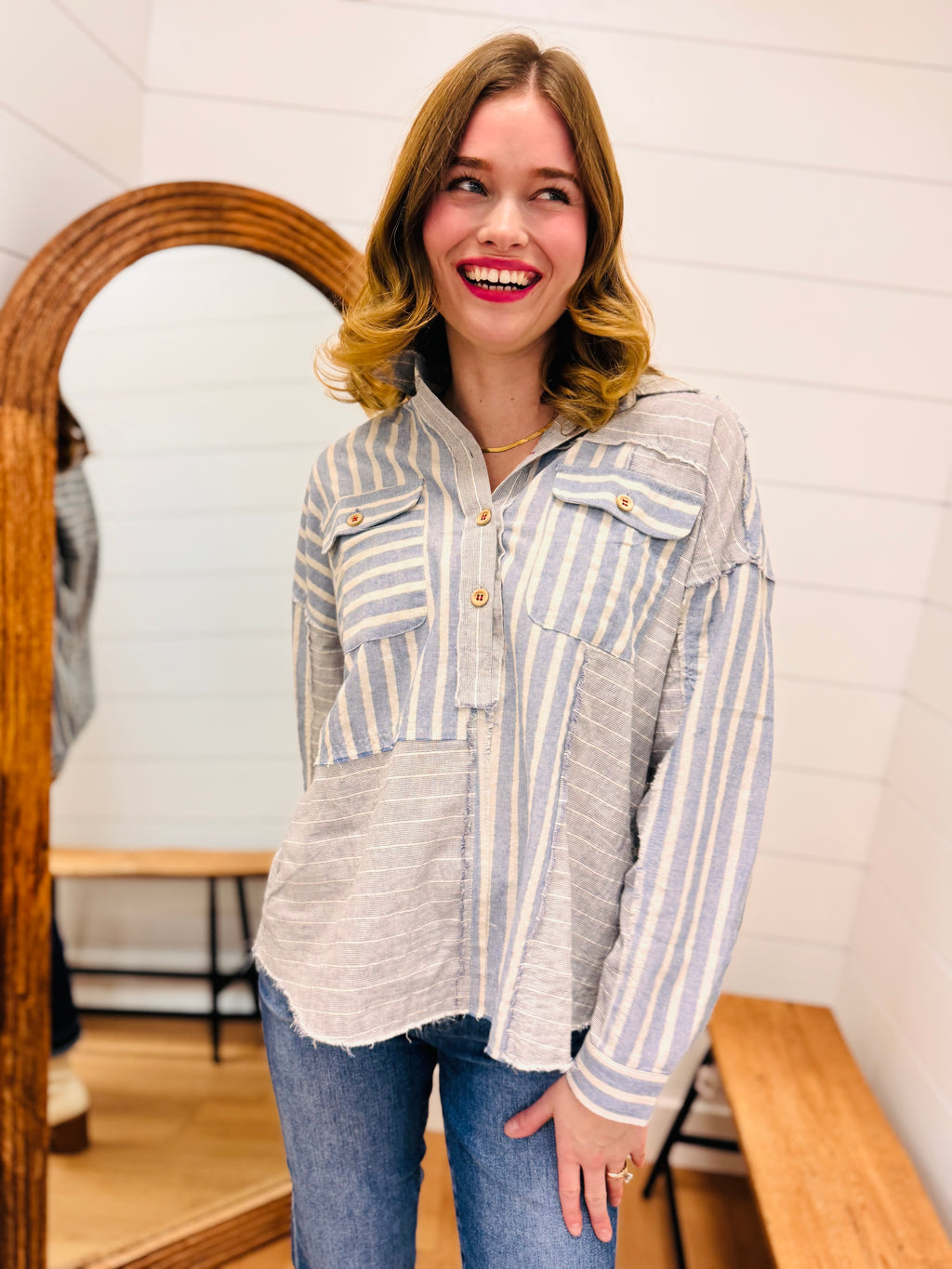 Color Block Half Button Down Shirt