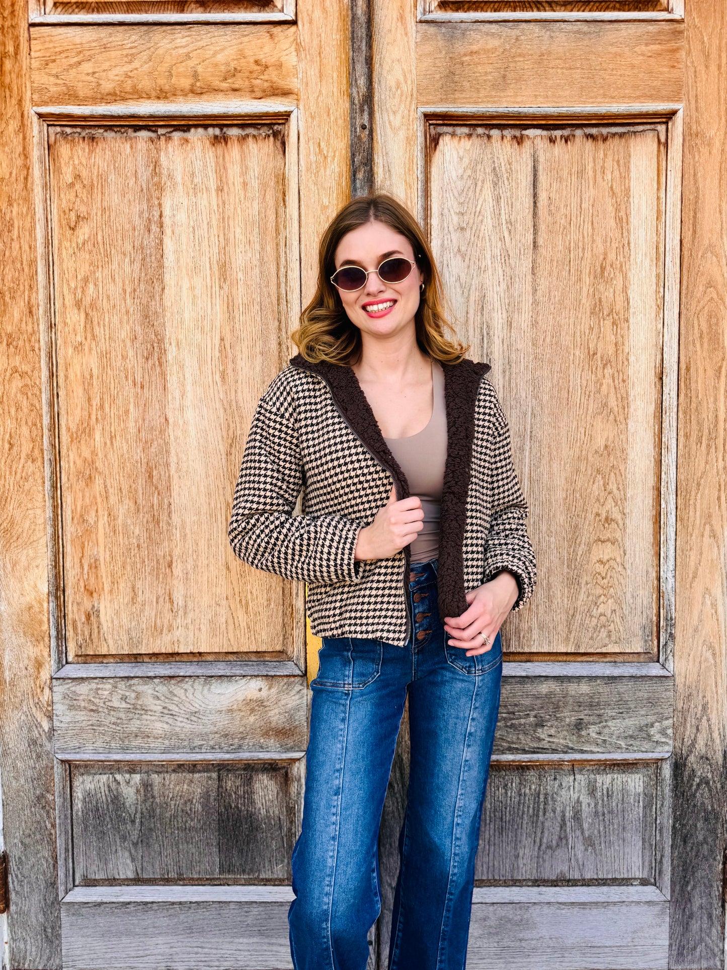 Houndstooth Sherpa Zip Up Jacket
