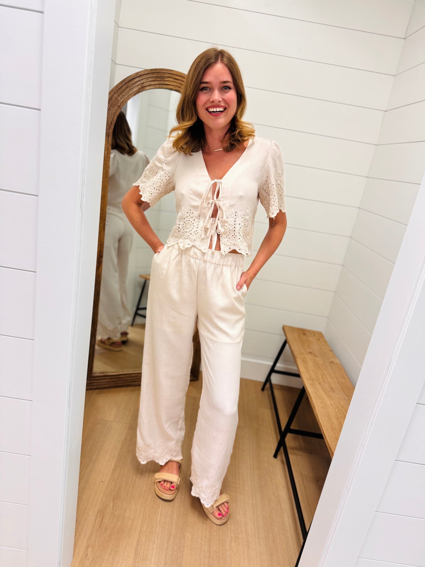 Ivory Eyelet Trim Front Tie Top