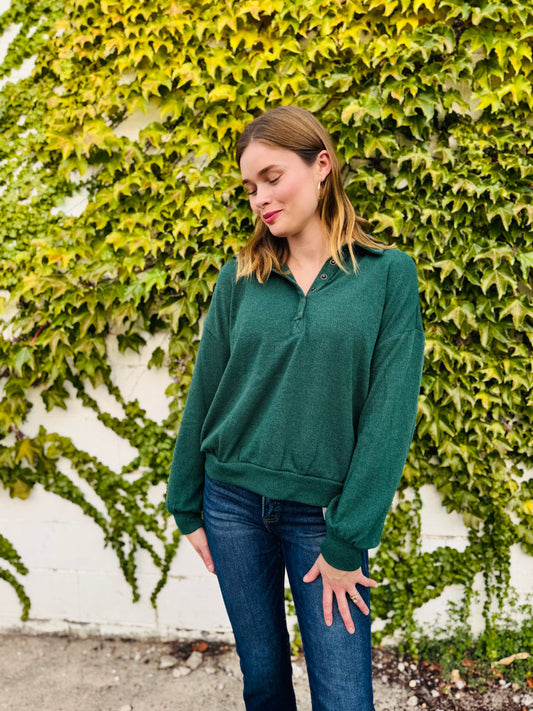 Collared Half Snap Button Long Sleeve Top