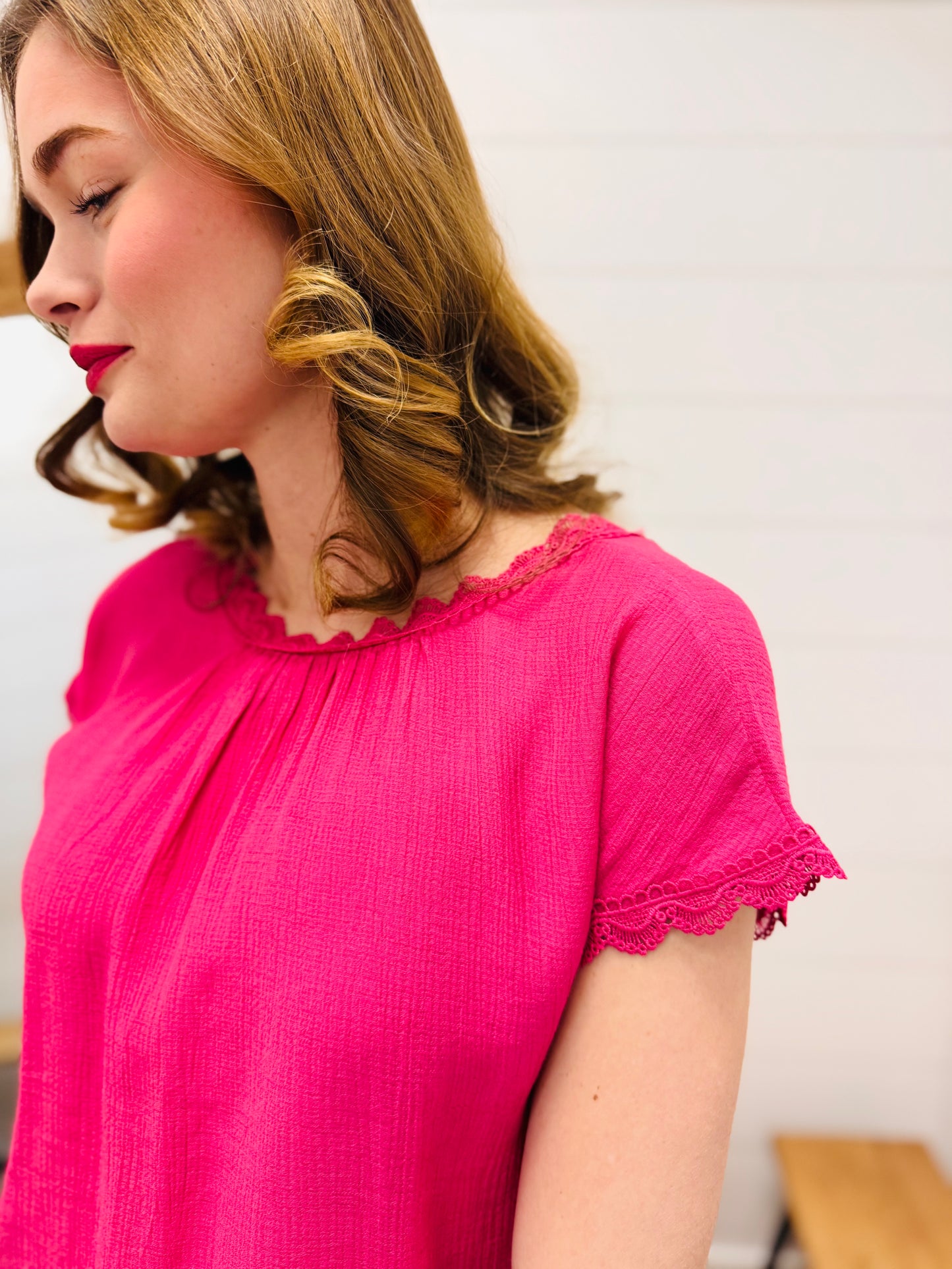 Lace Trim Back Bow Detail Short Sleeve Blouse