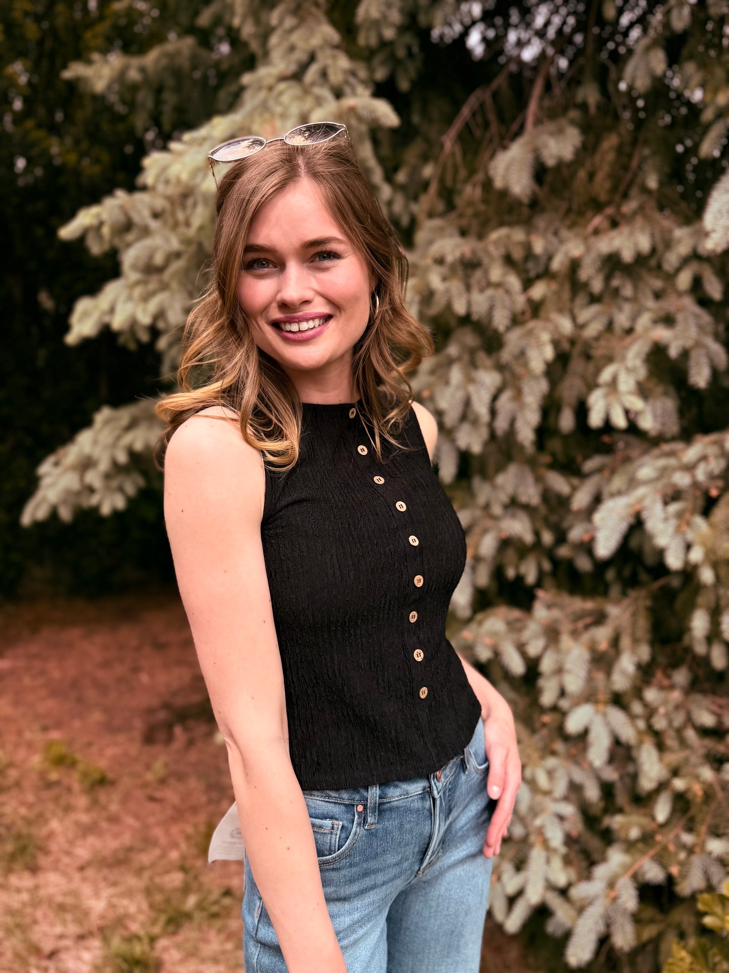 Textured Button Sleeveless Top