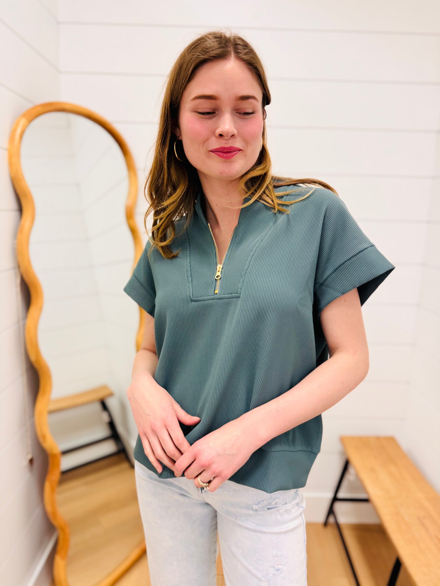 Half Zip Short Sleeve Top - Jade