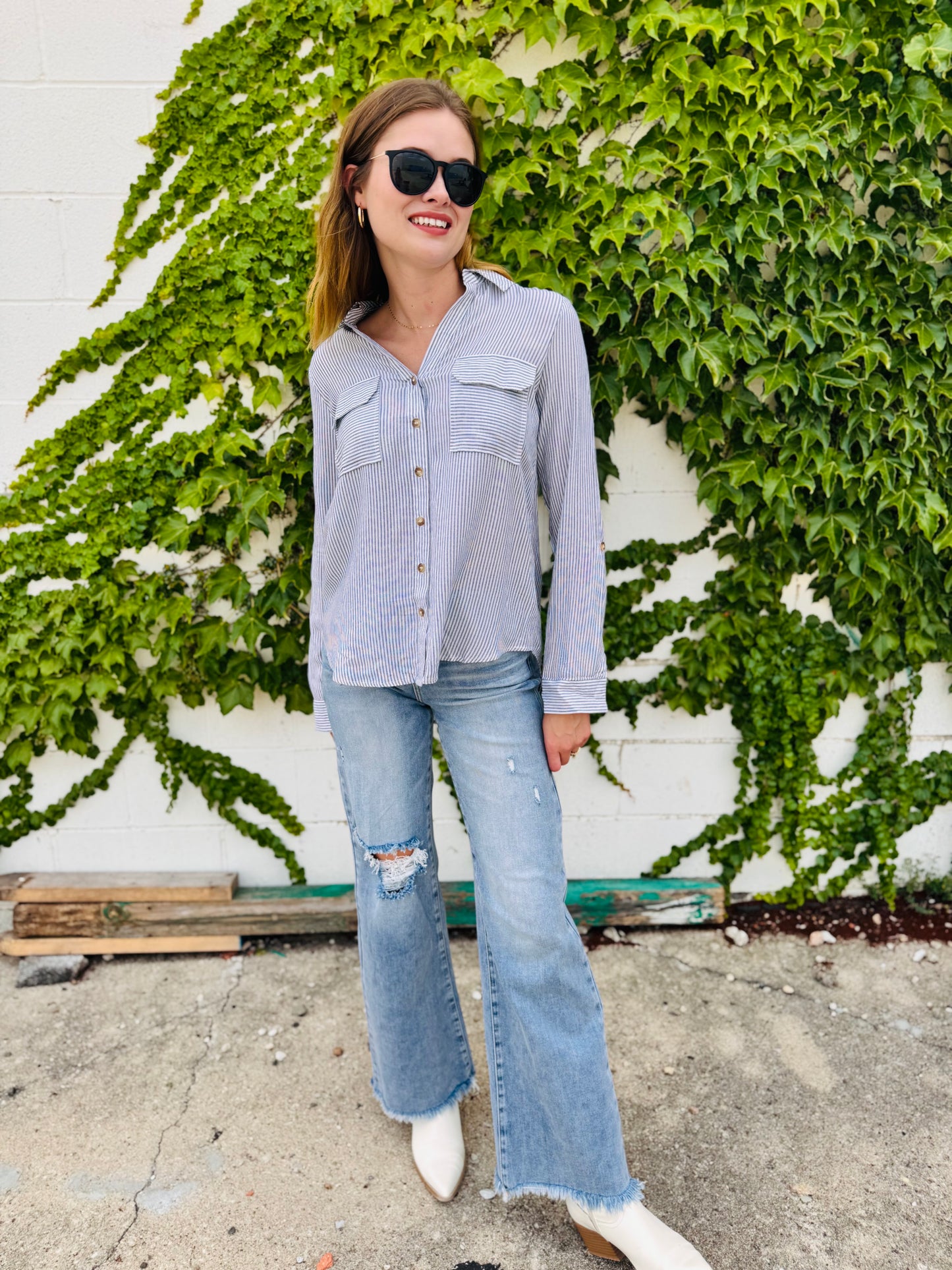 Striped Collared Button Down Top