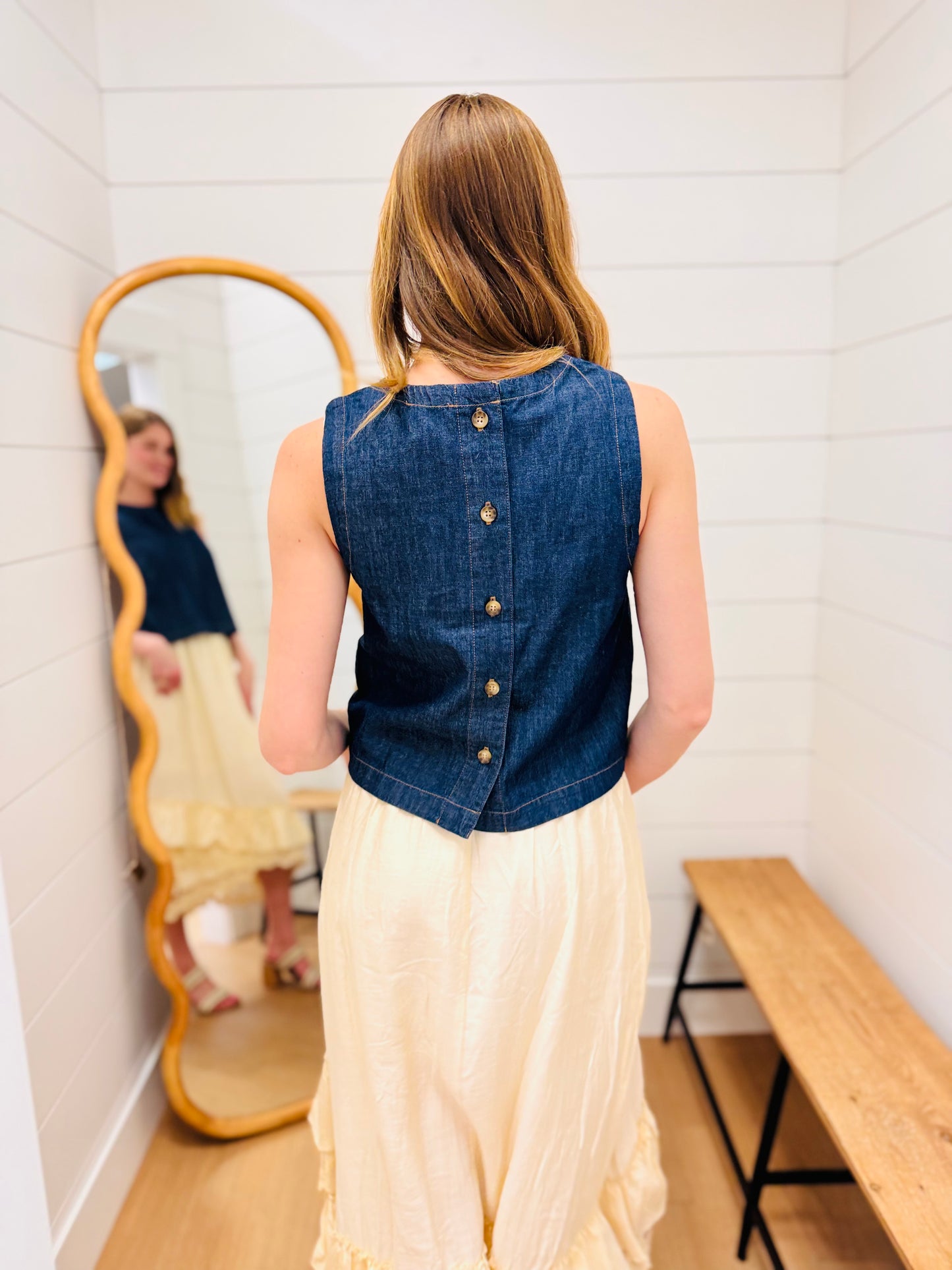 Back Button Denim Top