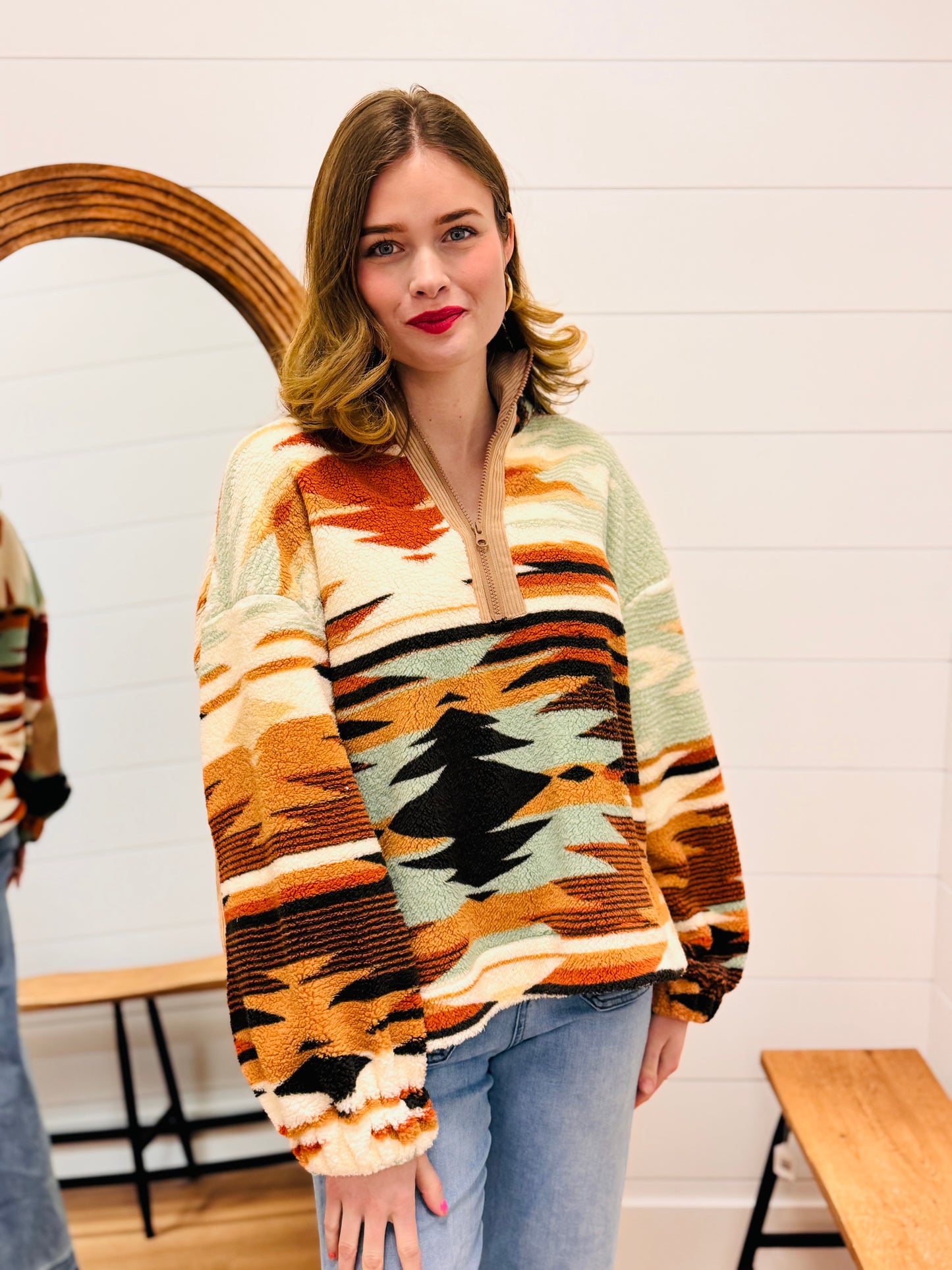 Half Zip Up Aztec Graphic Fleece Top