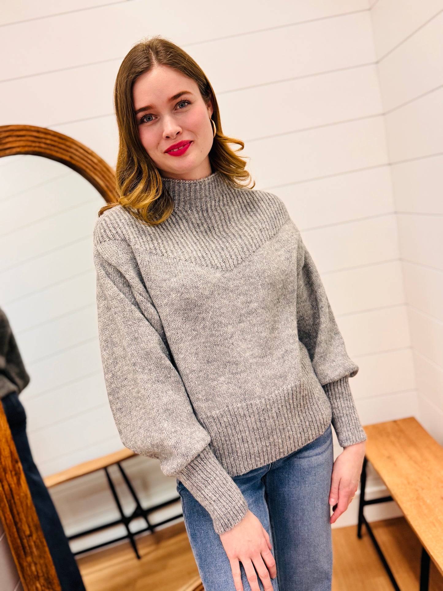 Balloon Sleeve Mock Neck Sweater