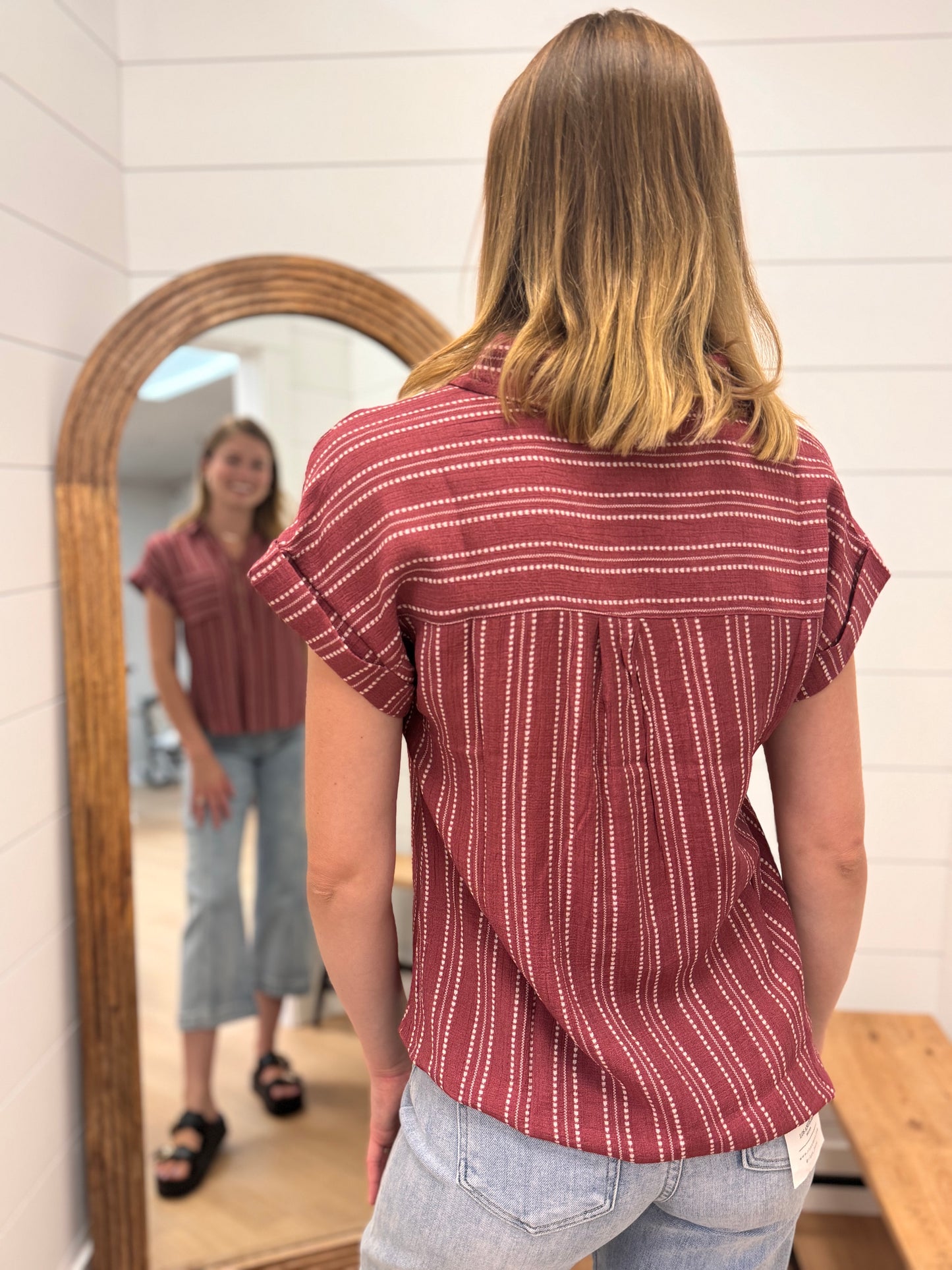 Stripe Half Button Collared Short Sleeve Shirt