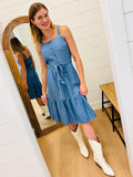 Chambray Tiered Dress with Faux Buttons