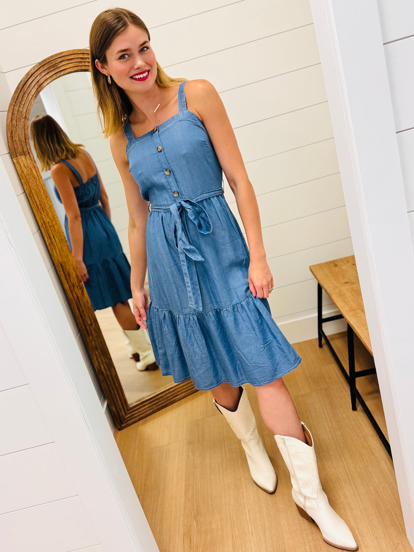Chambray Tiered Dress with Faux Buttons