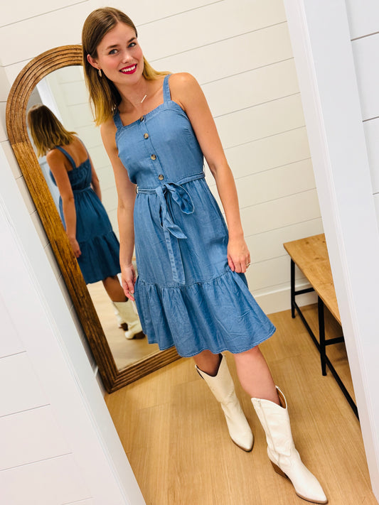 Chambray Tiered Dress with Faux Buttons
